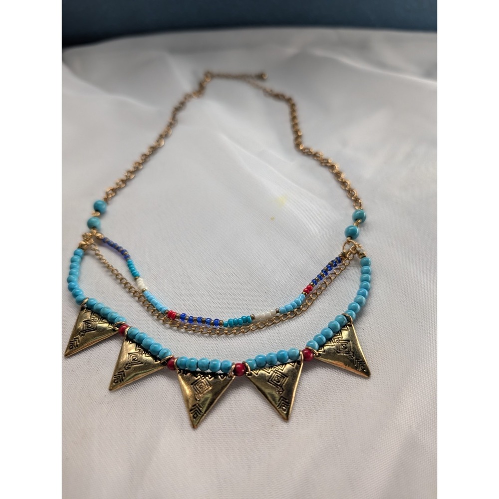 Boho Beaded Faux Turquoise Multi-Layer Statement Necklace – Gold Tone Geometric